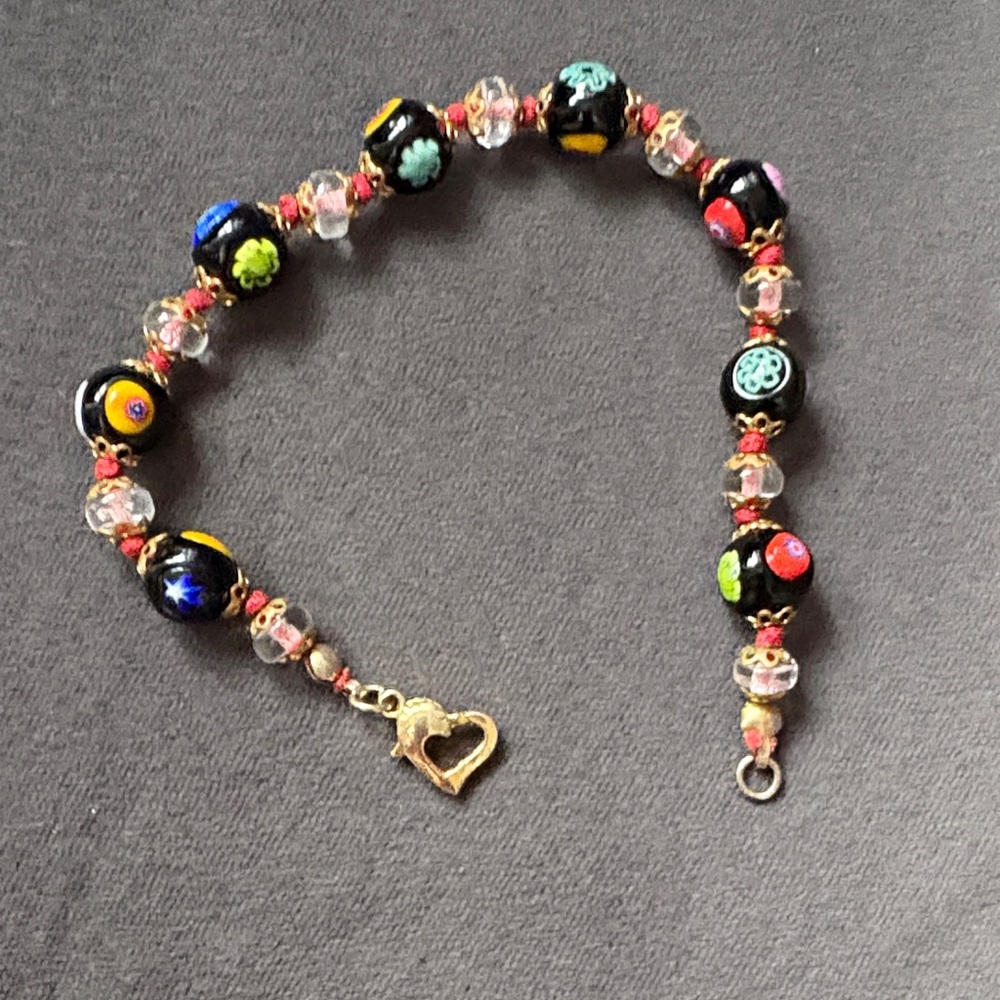 Venetian Glass Bead Bracelet with Heart Clasp